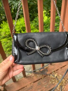 Brighton ~Black Studded Bow Chain Shoulder Bag NWOT Cheetah Interior